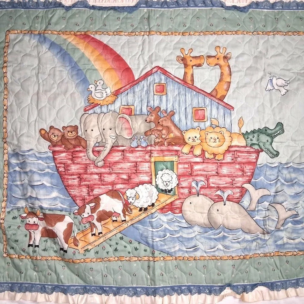 Handmade Noah's Ark Baby Crib Quilt Comforter Blanket Unisex Cotton Blend 32x42